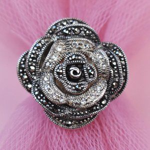 Huge marcasite crystal flower cocktail ring 925 sterling silver